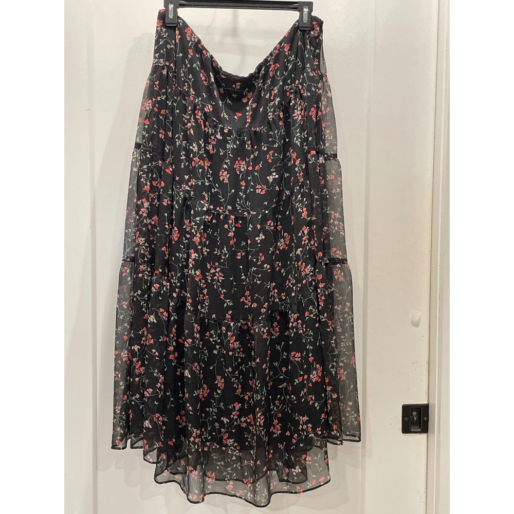Lauren Ralph Lauren Floral Skirt Tiered Sheer Maxi Black Boho Romantic Flowy 14W